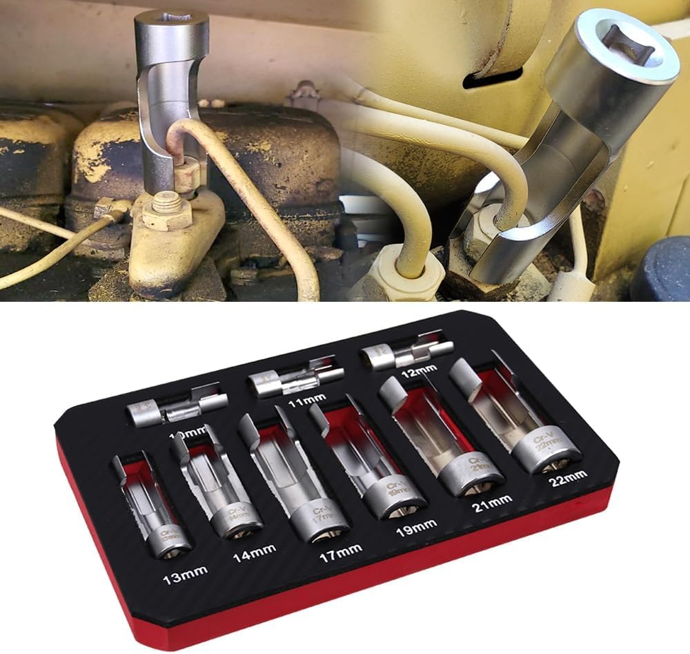 

Diesel Fuel Line Wrench Set, 3/8 & 1/2 Drive, 10-22mm Sockets for Injector Lines Glow Plugs Turbo Sensors Tight Spaces