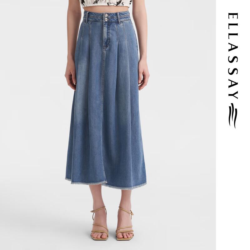ELLASSAY Lyocell High-Waist Denim A-Line Midi Skirt S