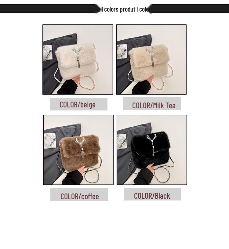 2025 Autumn/Winter Plush Tassel Antler Crossbody Shoulder Bag - Versatile Small Square Fashion Handbag