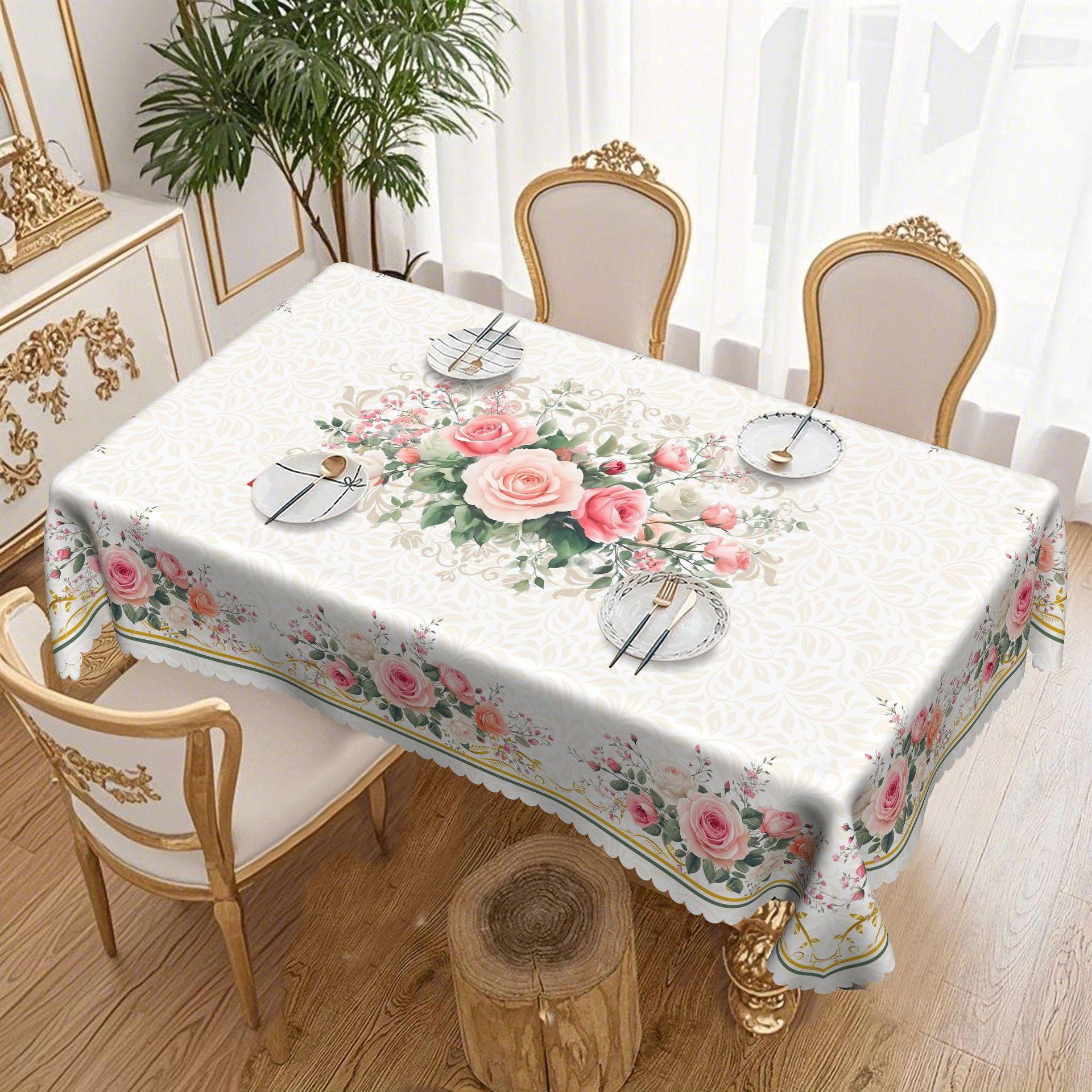 

European Rectangular Dining Table Cloth, Beige Pink Rose Waterproof And Oil-Proof Tablecloth, Household Round Dining Table Cloth Round tablecloth-152x152cm