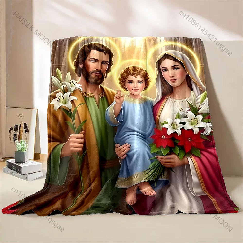 1PC Holy family with flowers Faith-printed Flannel Blanket Soft and Warm Suitable for Home Travel Picnics Camping and RV Use