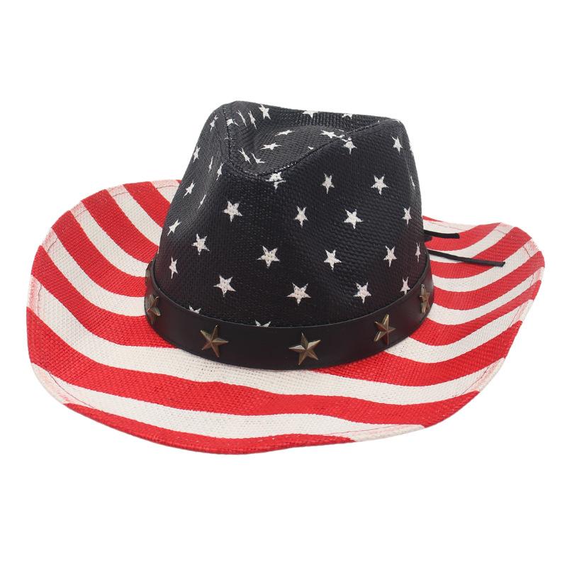American Waterproof And Old Stars And Stripes Five-Pointed Star Striped Cowboy Hat With Curved Brim Equestrian Riding Jazz Top Hat