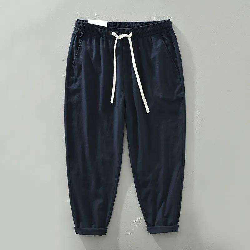Men's Summer Breathable Loose Straight Linen Pants Solid Color Elastic Waist Casual Nine-minute Pants