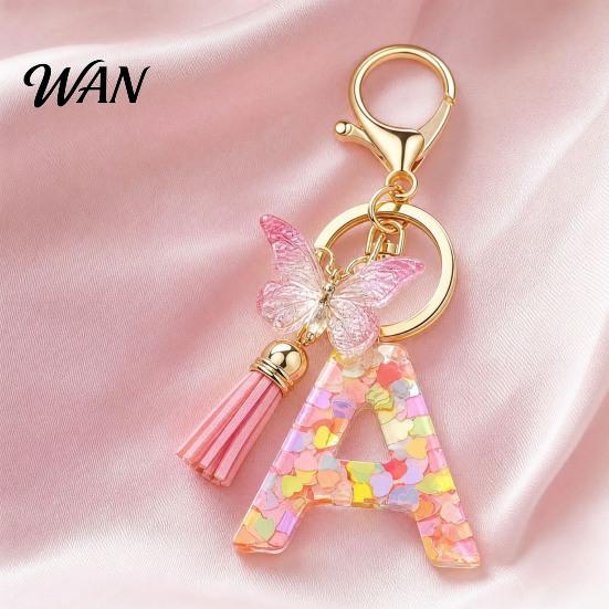 Pocket Keychain Pink Series Pendant, Sequins Heart Initial Letter Charm Key Chain with Everyday Carry Butterfly Tassel Design, A-Z Holder for