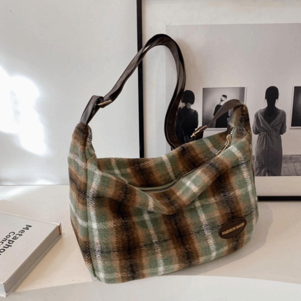 Modna Torba Crossbody z Polarowego Materiału Wzór w Kratkę Zamek Błyskawiczny Torba Podręczna Duża Pojemność Koreański Styl Torby na Ramię Codzienne Użycie