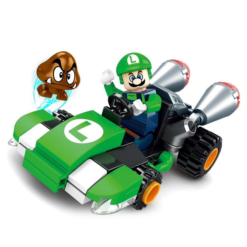 Super Mario Bros Building Block Karting Luigi Bowser Princess Peach Yoshi Toad Figure Toys Pull Back Car Game Doll Kids Gifts