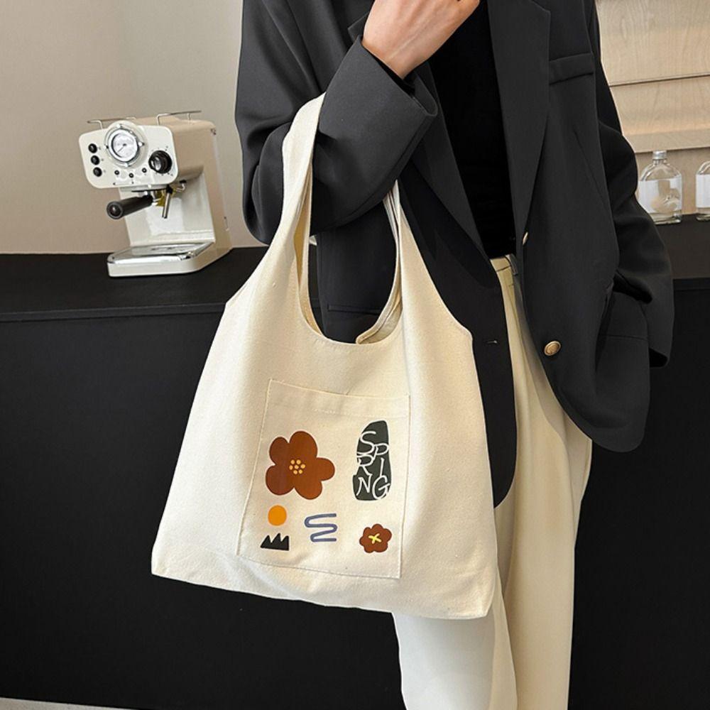 Korean Style Canvas Shoulder Bag Large Capacity Women's Armpit Bag Cute Flower Tote Bag Girls