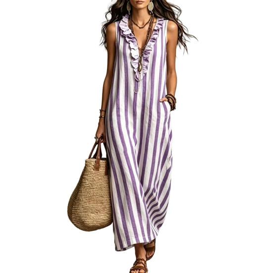 Damen Gestreiftes Baumwoll-Leinen Maxikleid Ärmellos Rüschen V-Ausschnitt Langes Kleid Boho Strand Fließendes Sommerkleid mit Taschen