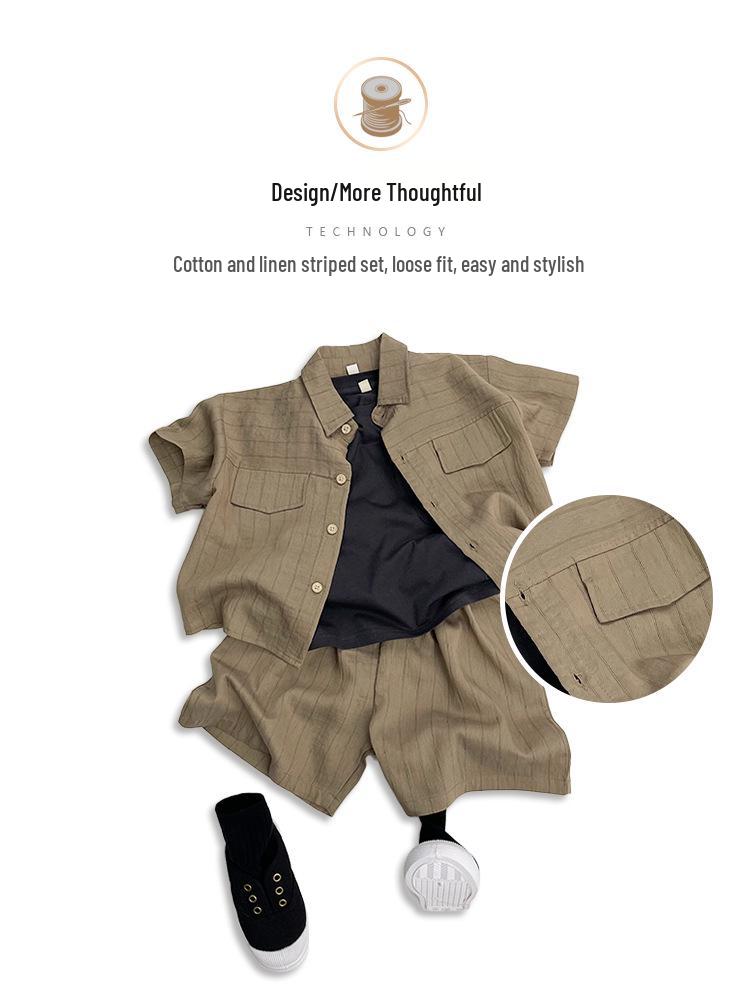 Baby Jungen Baumwoll-Leinen Gestreiftes Hemd & Shorts Set - Kurzarm Sommer Outfit