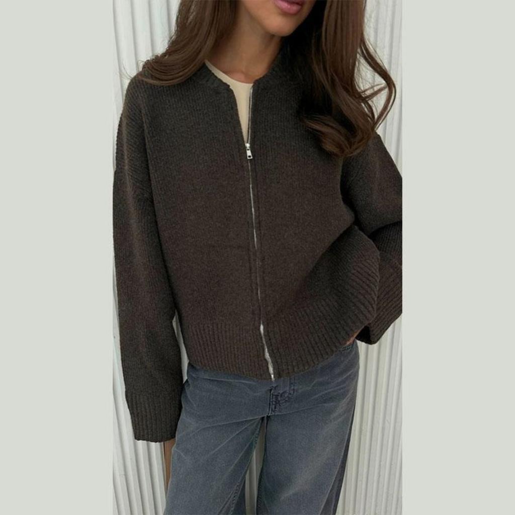 Women's Crew Neck Long Sleeve Cardigan Regular Fit Casual Zip Knit Sweater Solid Color Outerwear