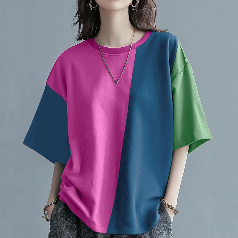 ZANZEA Women Summer Round Neck Short Sleeve Colorblock Loose T-Shirts
