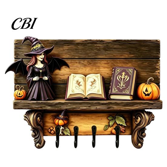 Ghost Shaped Wall Hooks Halloween Key Holder, Wooden Lady Holder with 4 Hooks, Hanging Ornament Mounted Spooky Rack Organizer for Entryway Hallway
