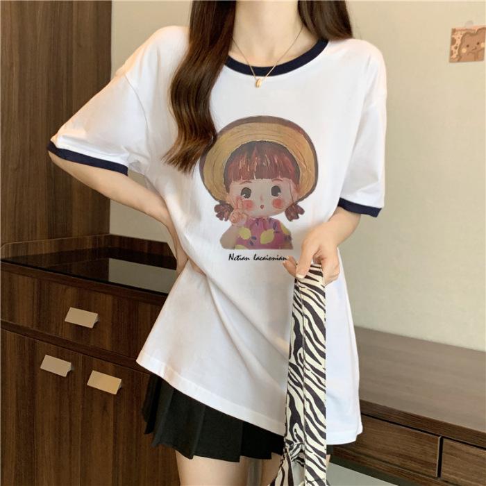 

Special offer 100% pure cotton bag collar summer new loose dopamine girl short-sleeved t-shirt female tide 2XL Темно-синій
