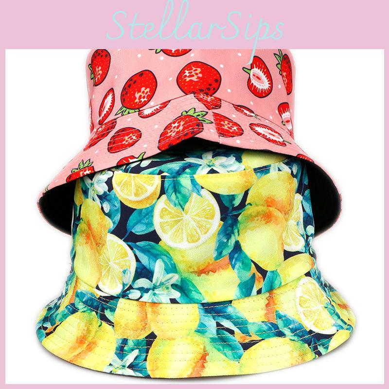 Tropical Fruits Reversible Fisherman Hat In Polyester For Summer Outdoor Sun Protection Characters Included)