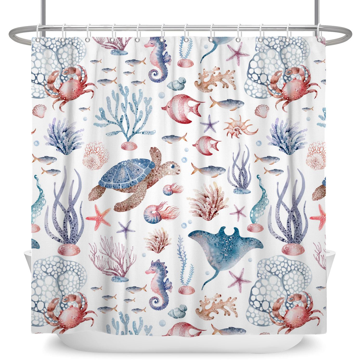 

Underwater World Theme Bathroom Curtains Jellyfish Sea Turtles Sharks Waterproof Polyester Shower Curtain Decor with 12 Hooks W90cm x H180cm