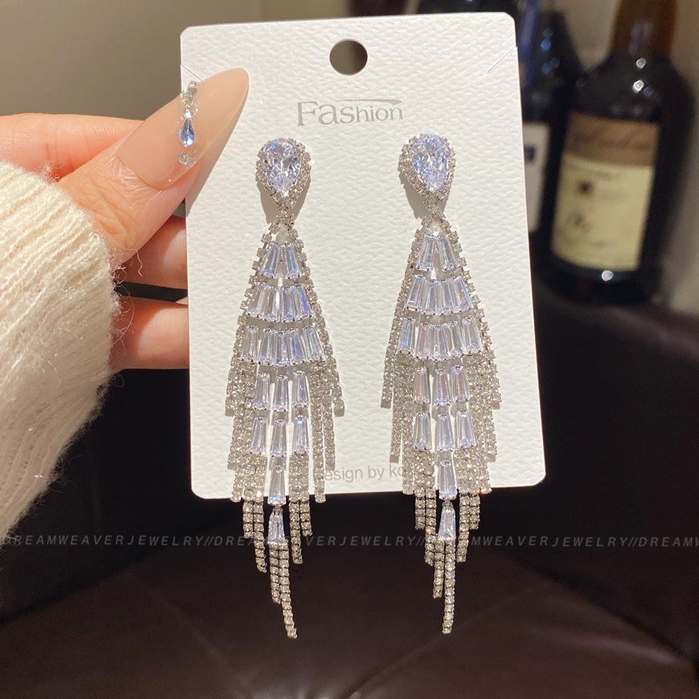 925 Sterling Silver Full Diamond Tassel Earrings – High-End European & American Style, Super Shiny, Luxurious Ear Jewelry for Women.