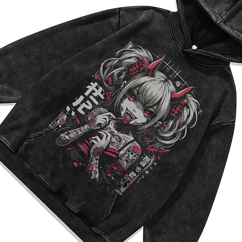 Dark Two-Dimensional Cartoon Digital Direct Injection Printing Hooded Sweater For Men And Women Washed And Old Hoodie
