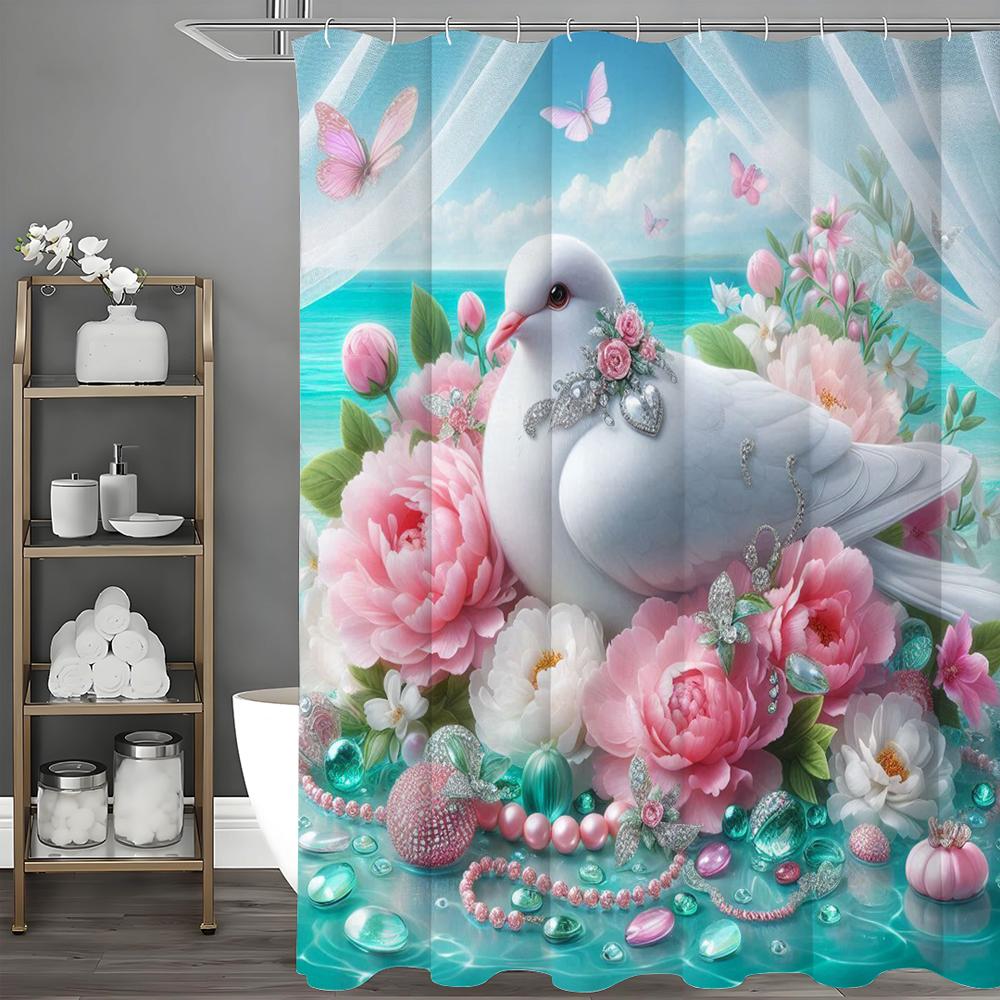 White Dove Floral Pearl Creative Shower Curtain, Bathroom Decorative Shower Curtain, Waterproof Shower Curtain with Hooks