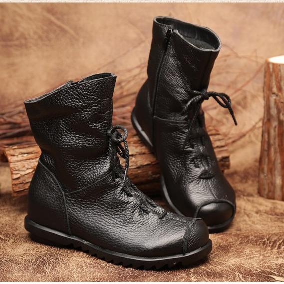 Dámské krátké kozačky z pravé kůže Plyš Retro Ležérní Podzim Zima Dámské Kozačky Voděodolné kožené teplé Sněhule