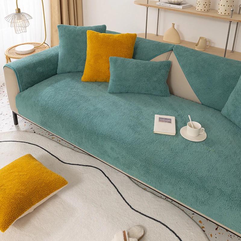 Neu Lamm Fleece Sofa Kissen Warme Dicke Rutschfeste Plüsch Kissen Winter Solide Nordic Sofa Abdeckung