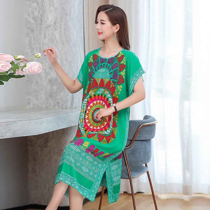 Summer Cotton Silk Loose Fit Mid-Length Bat Sleeve Dress for Women - Plus Size, Belly Covering, Slimming Beach Dress for Moms