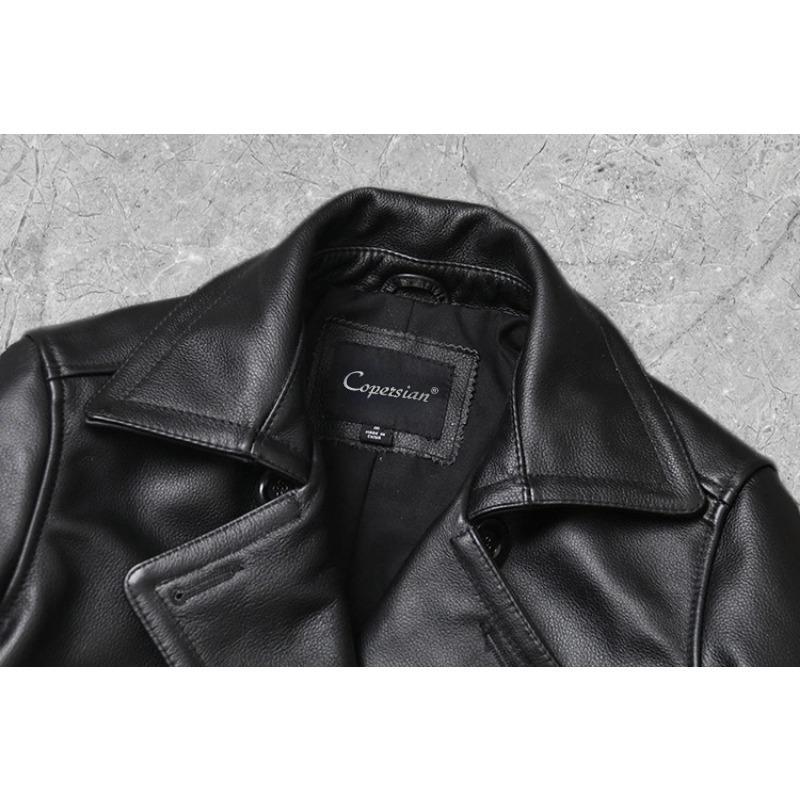 Čínská velikost Nová Pánská bunda z pravé kůže Pánská hovězí kůže Kabát Podzim Zima Pracovní Kabát Trench Styl Dvouřadé oblečení