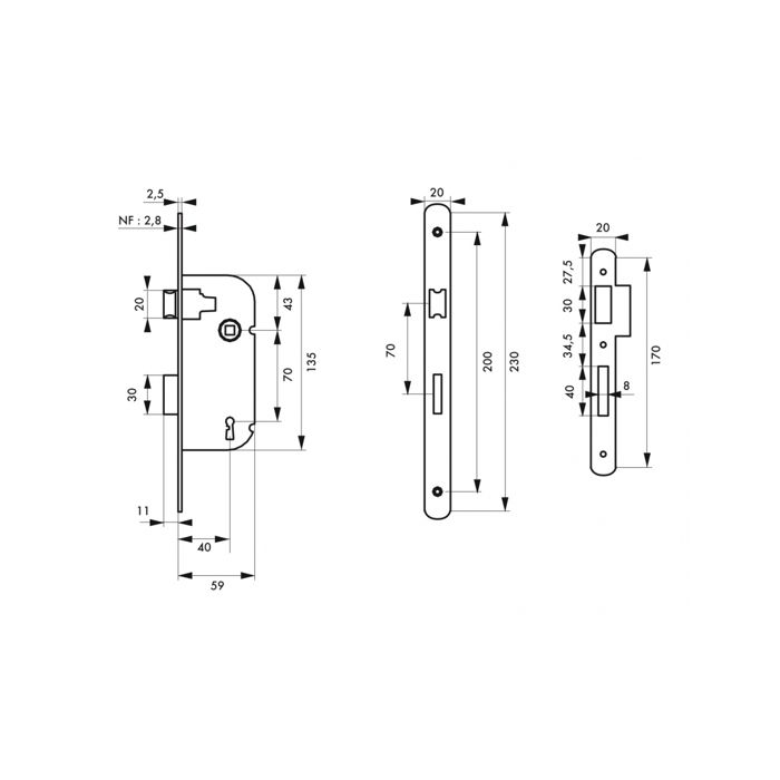 SP - Serrure encastrable à clé pour porte de chambre, axe 40mm, bouts ronds, blanc, 1 clé - Serrurerie de Picardie