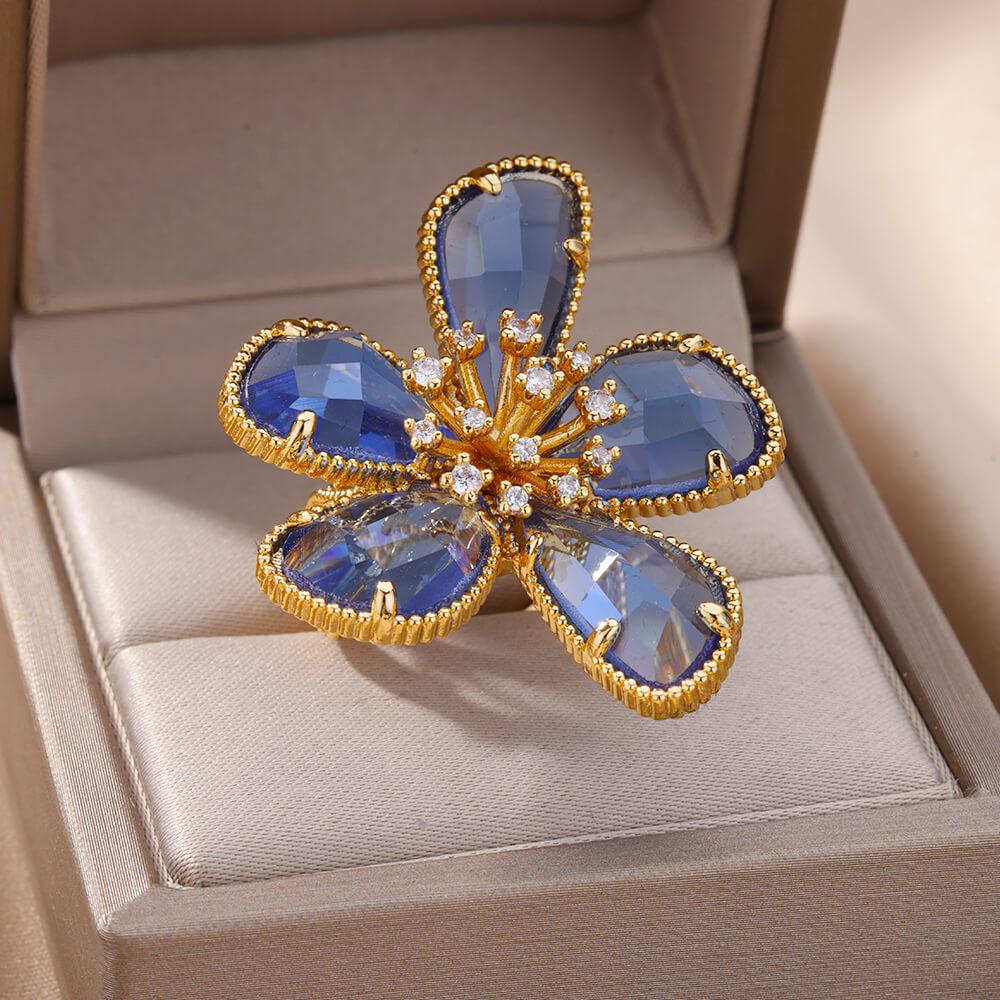 Stainless Steel Blue Zircon Flower Ring For Women Open Adjustable Flower Ring Wedding Aesthetic Jewelry Gift bijoux femme