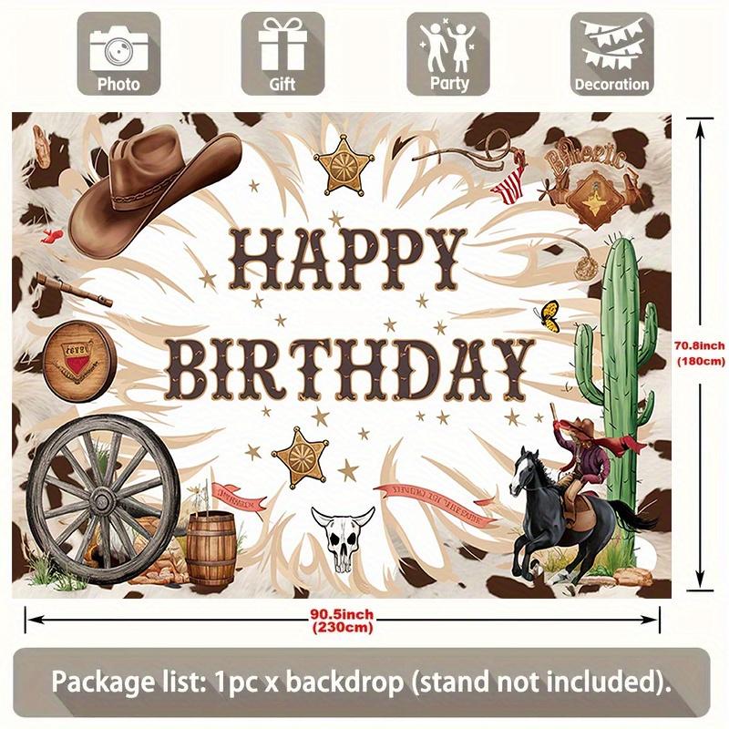 A birthday banner for a cowboy from the west made of polyester fiber suitable for both home and party use.