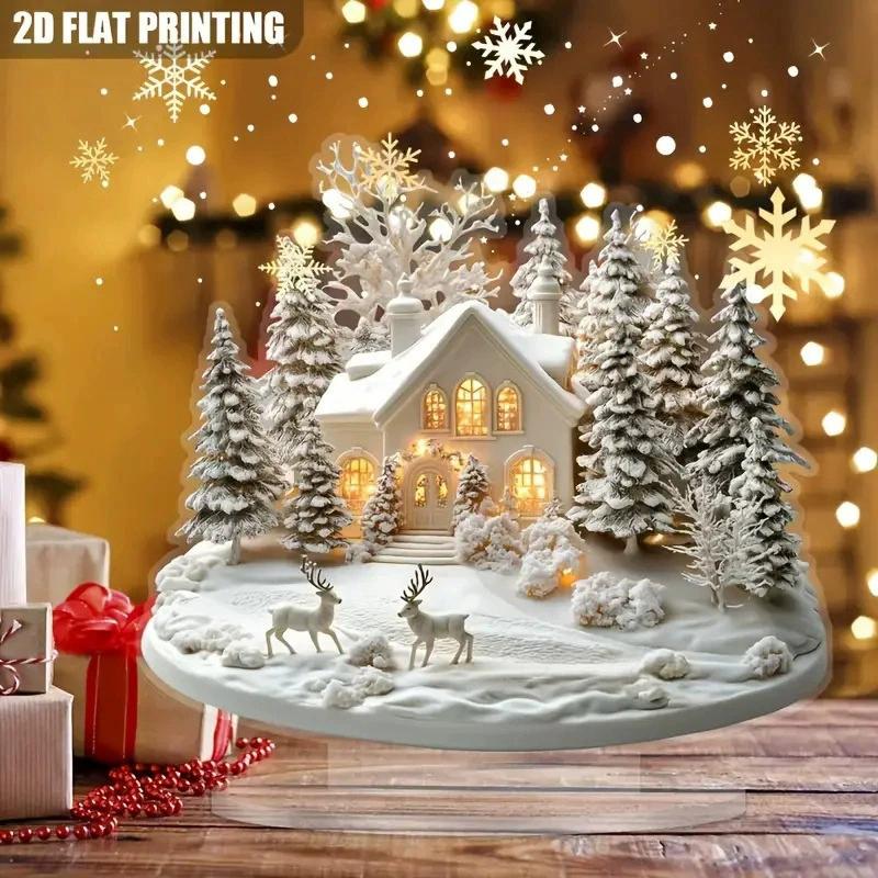 2D Elegante Acryl Weihnachtsdekoration Schneehütte & Rentier Szene Heim Büro Ornamente Festlich Warm Party Geschenk Foto Requisiten