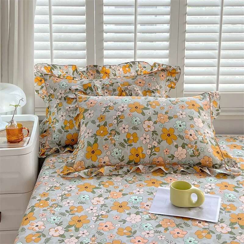 Solstice Floral Pillowcase Set - 2pcs 100% Cotton Ruffled Fundas de Almohada, Cushion Cover