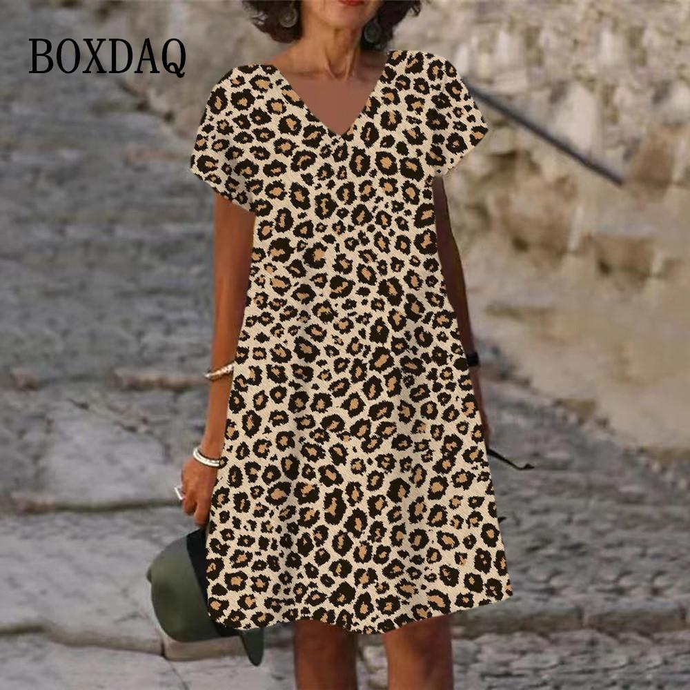 Oversized Summer Women 3D Printed Dress Casual Short Sleeve V-Neck Dress Fashion Elegant Female Sexy Classic Leopard Loose Dress S