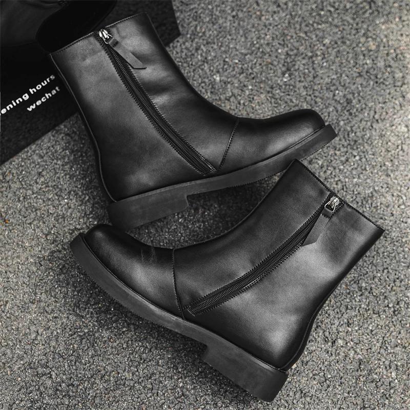 Fashion Thick Bottom Leather Men Chelsea Boots Outdoor Man Mid-Calf Boots High Top Casual Shoes Classic Spring Autumn Male Botas
