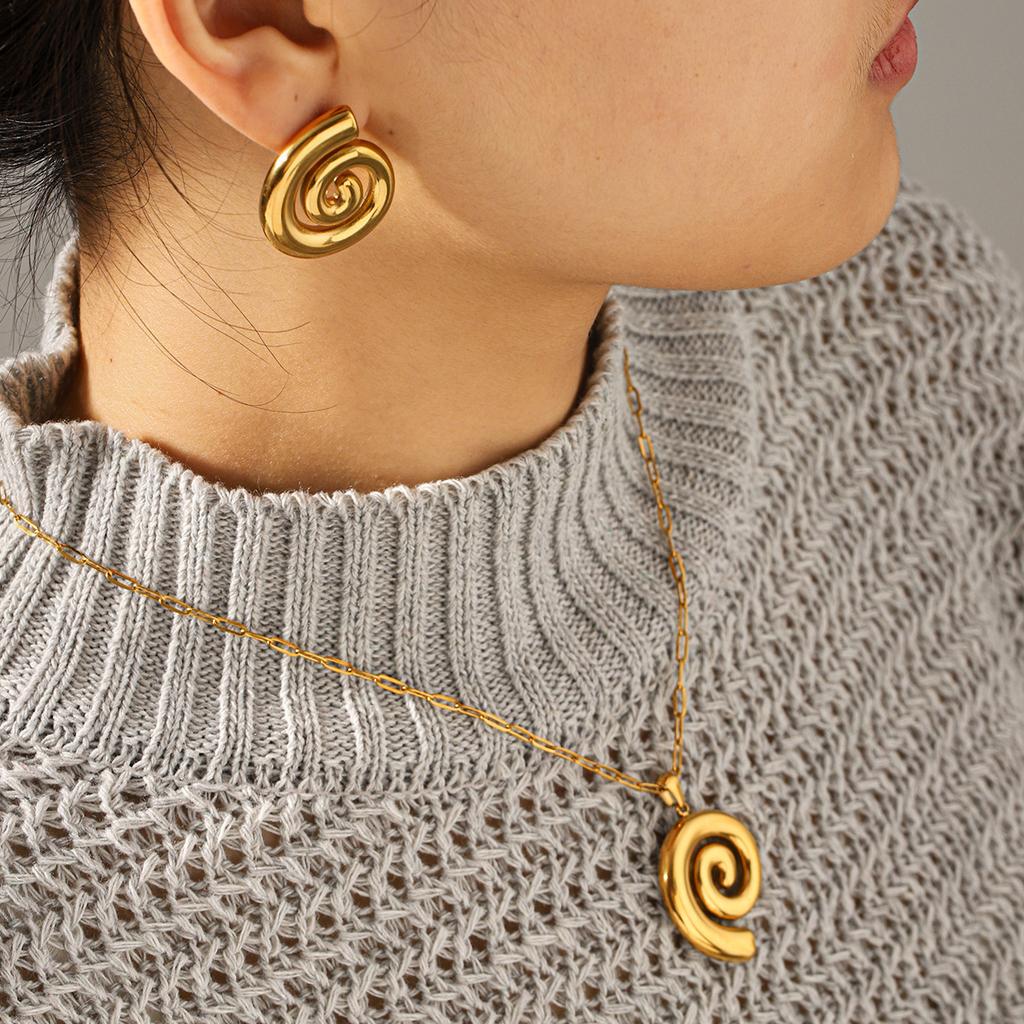 18k Gold Threaded Hoop Pendant Necklace, Light Luxury High-end Jewelry, Titanium Steel Earrings, Non-fading Accessories