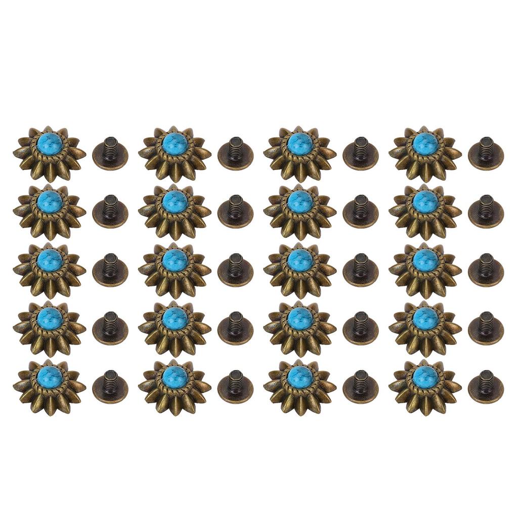 20 Set Daisy Decorative Conchos Buckles Simulation Turquoise Alloy Rivets Vintage Western Metal Screwback Buttons