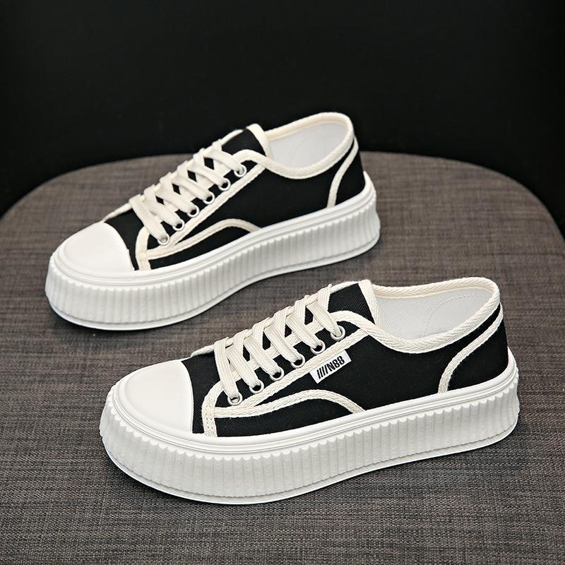 

Парусиновые туфли женские весна и осень новинка модные универсальные туфли на платформе для печенья студенческие повседневные белые туфли 40 чёрный