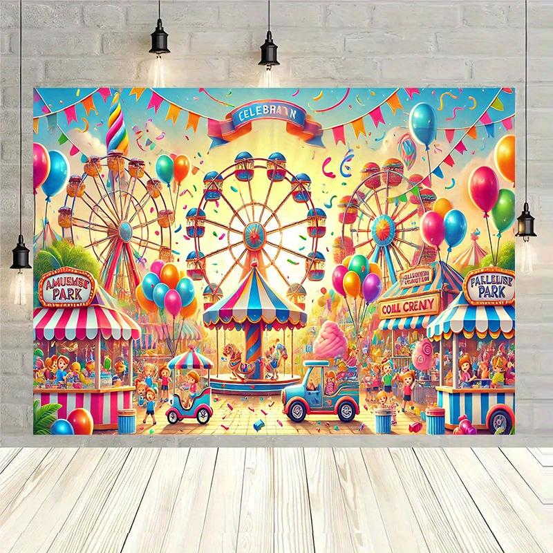 A 2D flat banner, 1 copy of the Happy Sunshine Amusement Park celebration banner - with a bright polyester fiber background