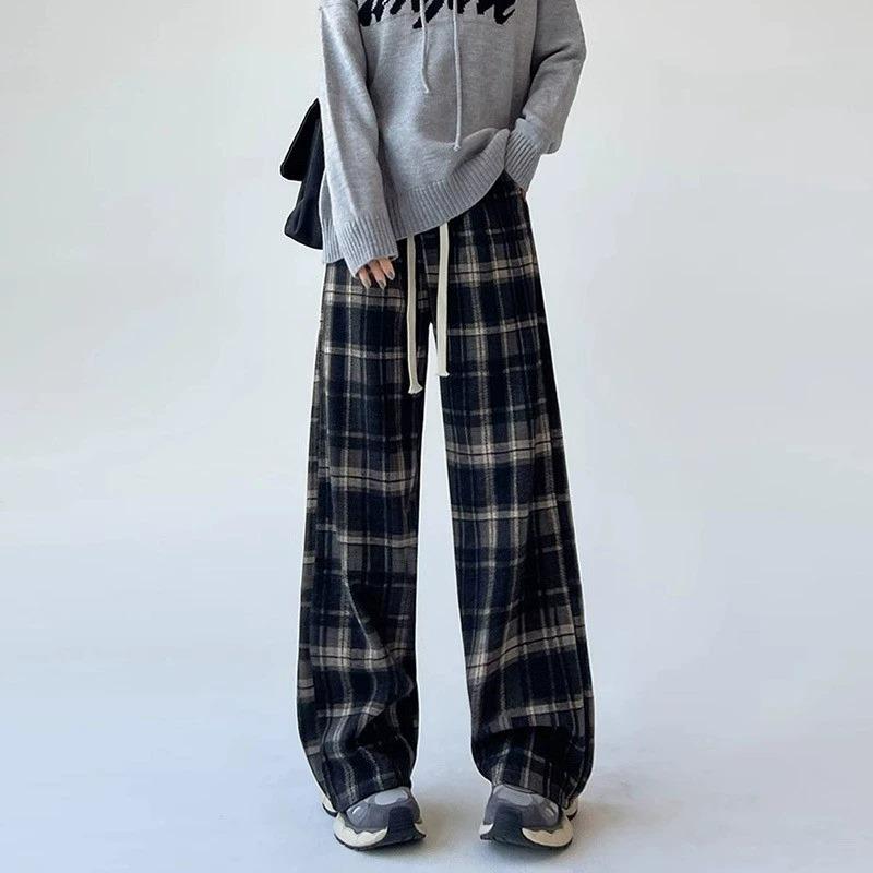 

Women s Autumn Winter 145cm Retro Wool Blend Plaid High Waist Wide-Leg Pants L (111-120 lbs)