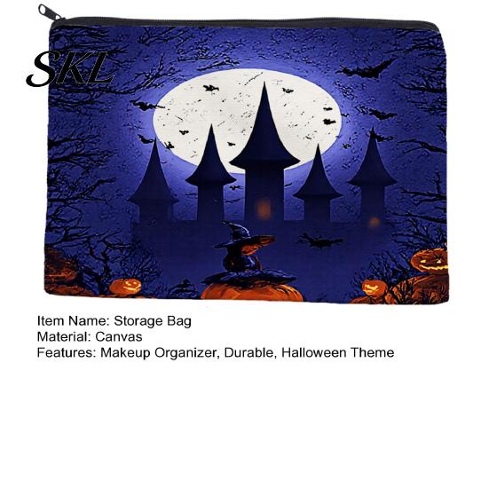 Printed Canvas Organizer Storage Bag, with Halloween Witch Castle Print, Large Wear-Resistant Makeup Pouch Capacity Cosmetic Organizer, for Travel And