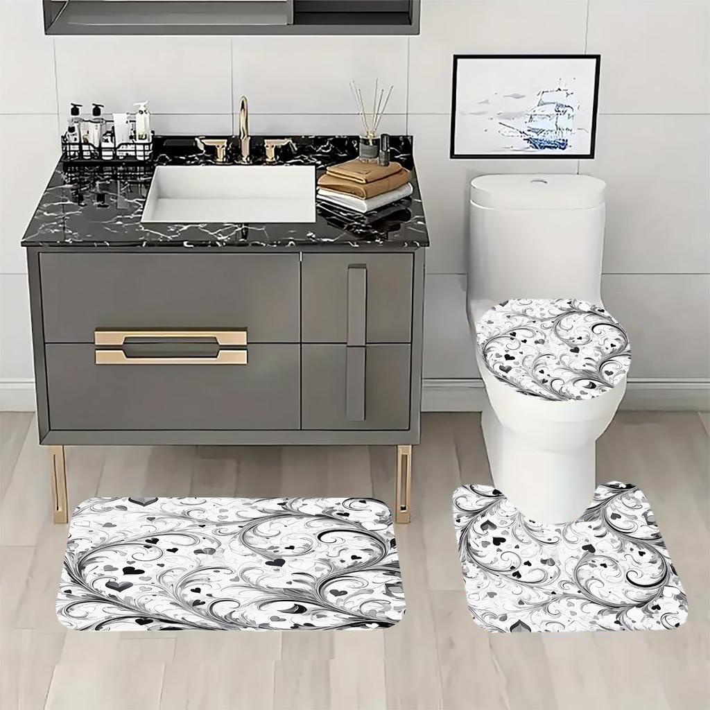 4Pcs Gray Romantic Heart Pattern Shower Curtain Set, Bathroom Curtains, Bathroom Decorative Shower Curtains, Bathroom Floor Mat