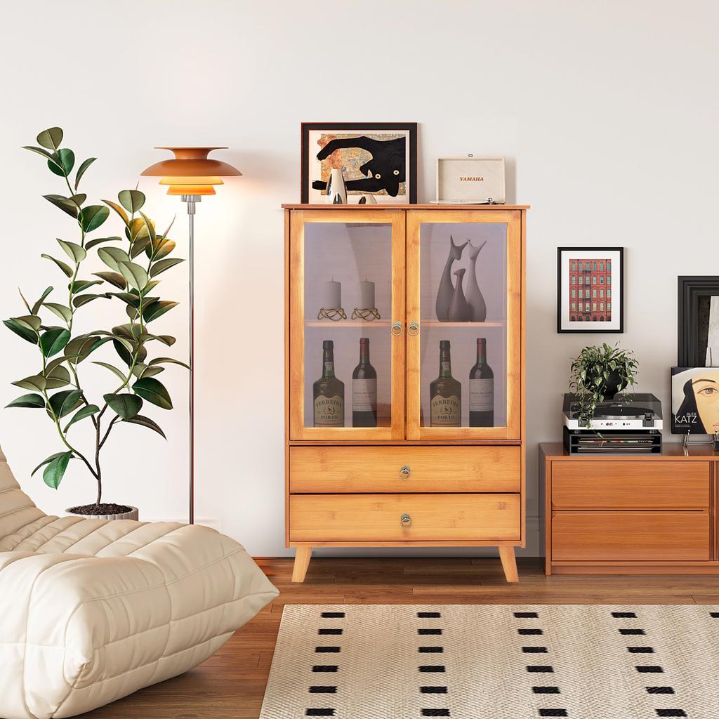 Stylish Bamboo Sideboard with 2 Doors & 2 Drawers, Floor Mounted Kitchen Storage Cabinet, Freestanding Organizer for Dining Room