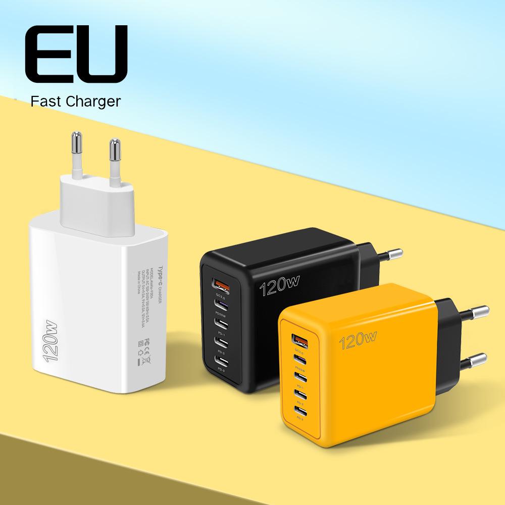 120W Multi-Port Fast Charger - 4 Ports + USB, Compatible with Xiaomi, Apple, Type-C; EU, US, UK Standards