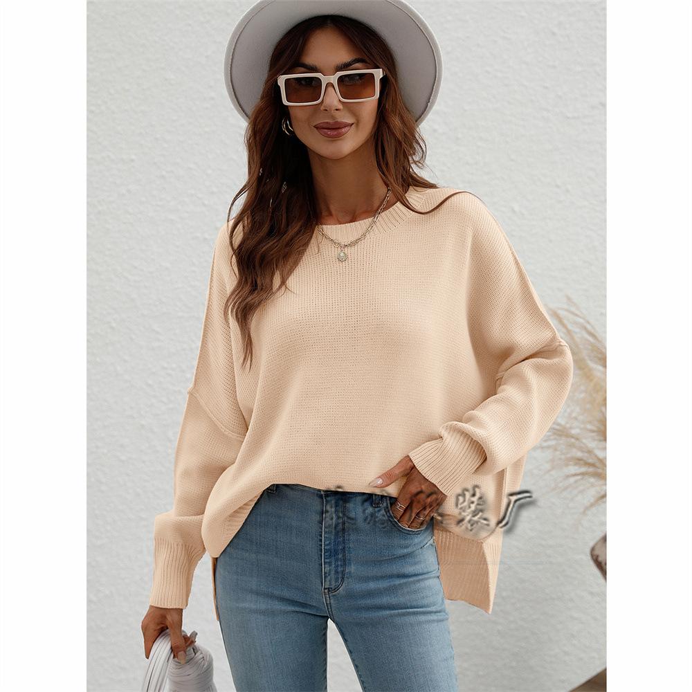 Autumn and winter fashion women's clothing crew neck knitted loose split pullover sweater women