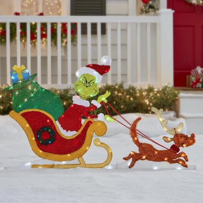 Letrero Navideño LED para Patio Grande Árbol Elfo Verde Perro Trineo Letrero Navideño para Patio para Invierno Césped Jardín Patio Decoración Exterior