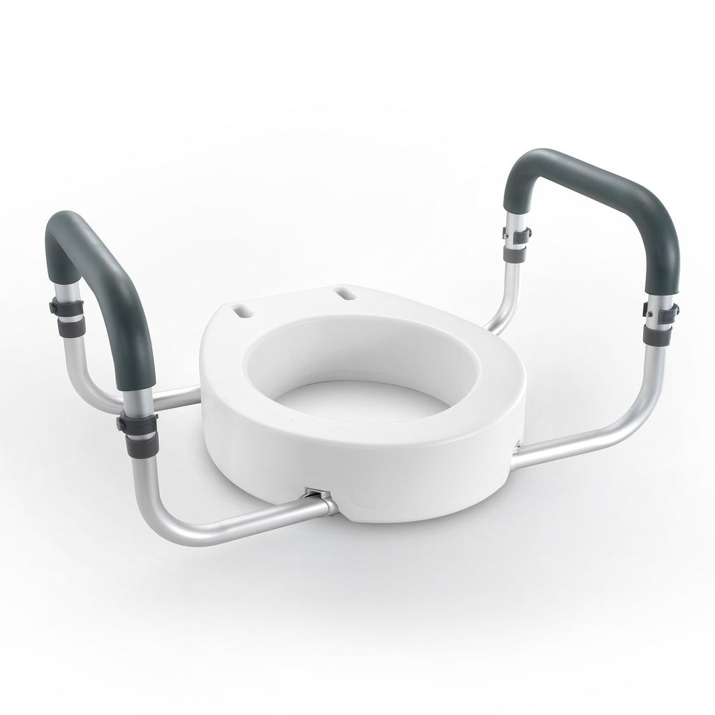 VEVOR Raised Toilet Seat, 3.5" Height Raised, 300 Lbs Weight Capacity, for Standard Round Toilet, Aluminum Handrail, with EVA Armrest Padding