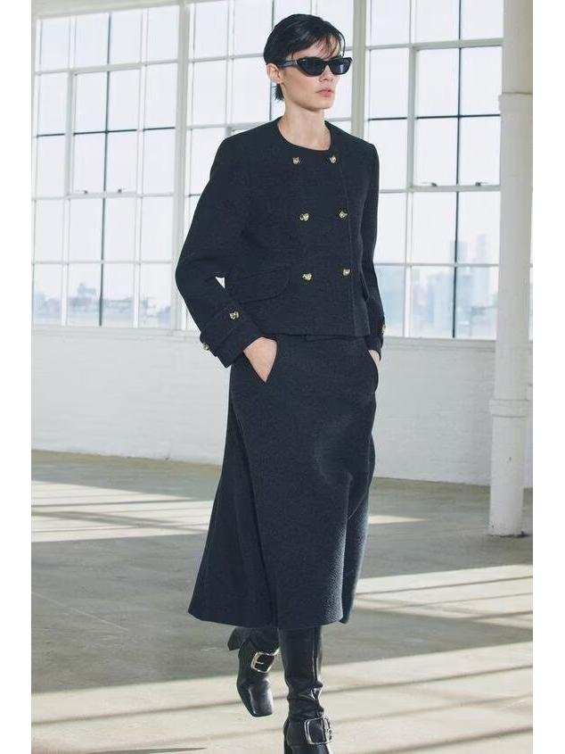 Evropský a americký styl dvouřadý krátký blejzr-pláštěnka ze směsi vlny s midi sukní