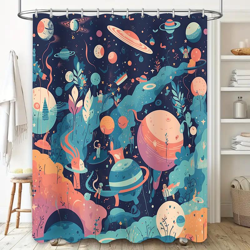 Space-themed Shower Curtain Set Featuring Vibrant Planets and Galaxies Perfect for a Modern Bathroom Decor Upgrade!