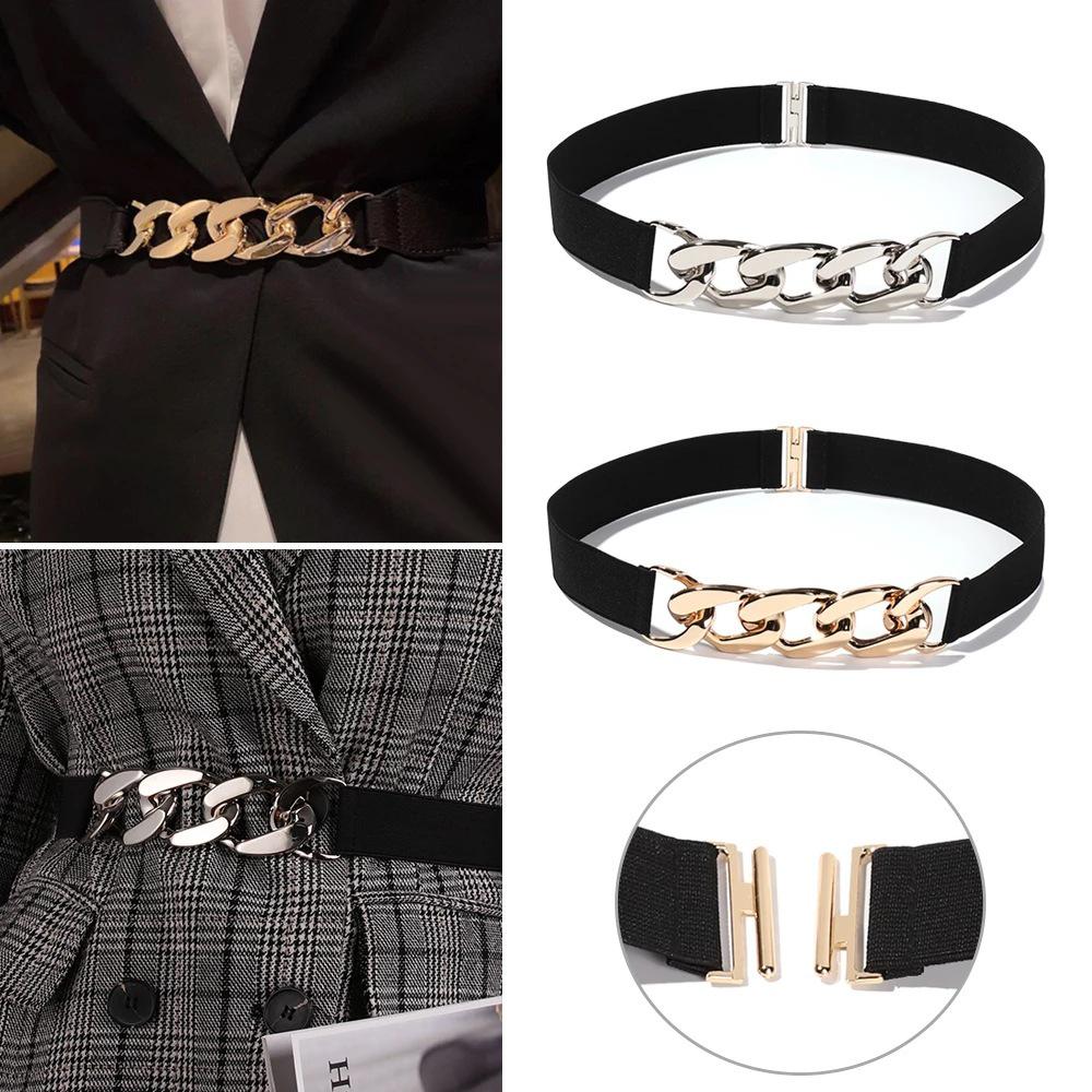 Women's Black Elastic Corset Waist Belt with Metal Chain Accessories