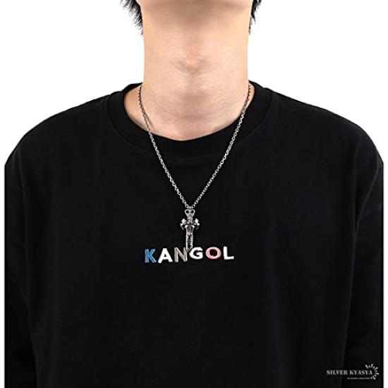 Silver 925 Sword Cross Crown Red Stone Azuki Chain Necklace Pendant Silver Silver Unique Men Metal Allergy Friendly [Silver KYASYA]