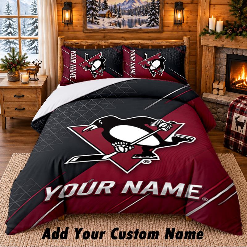 Pittsburgh Penguins Muster Bettwäsche 3-teiliges Set Benutzerdefinierter Name, Bettlaken und Kissenbezüge für Zuhause Schlafzimmer